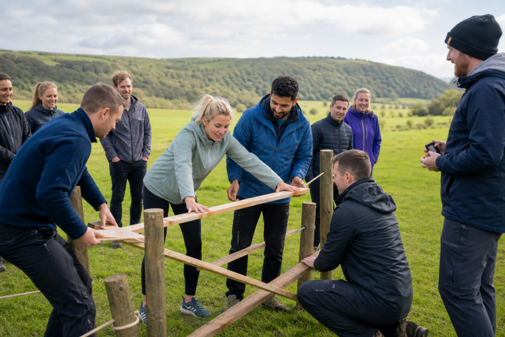 Corporate team taking part in an outdoor team building challenge on a UK field