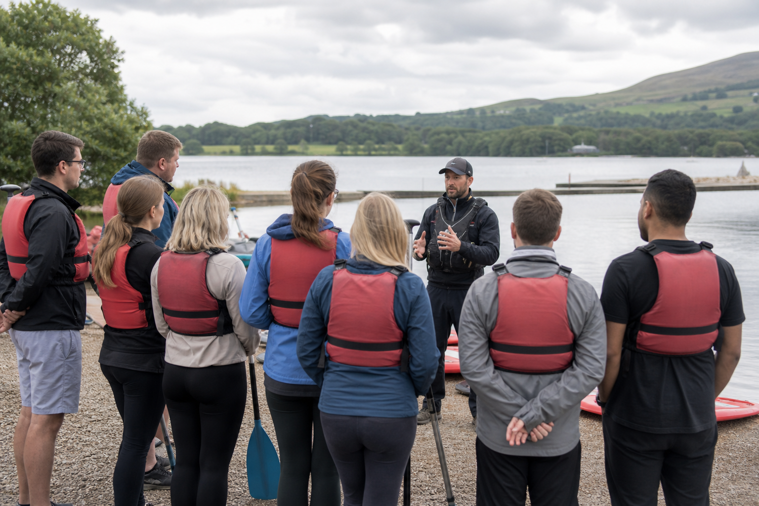Team receiving a watersports safety briefing beside a lake