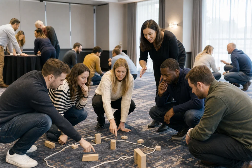 A corporate team working together during an indoor away day activity.