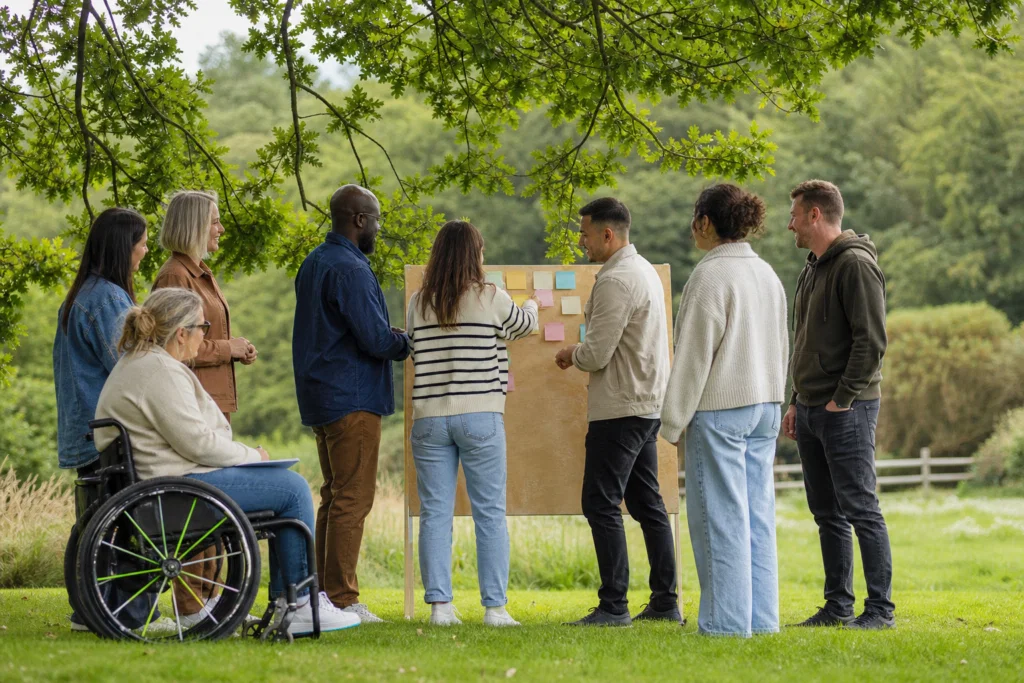 A mixed team taking part in an accessible outdoor employee engagement activity