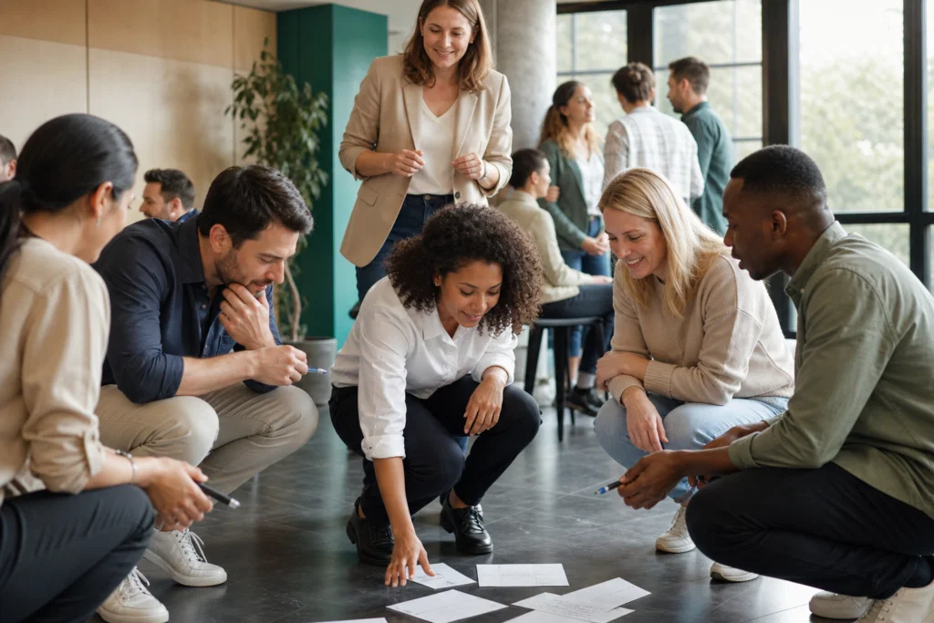 A UK workplace team taking part in a collaborative employee engagement activity