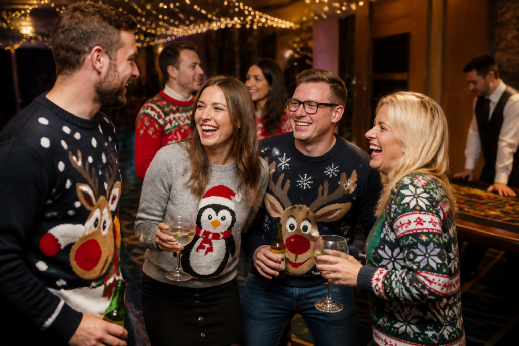 Office colleagues enjoying a festive evening event with fairy lights and a casino table