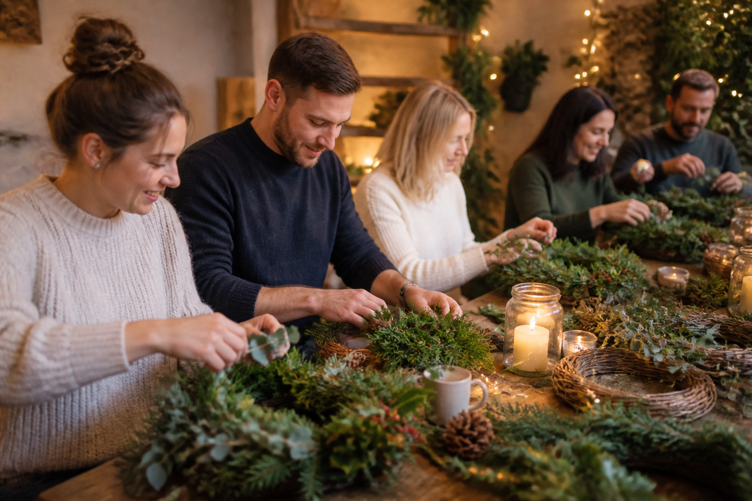 Colleagues making Christmas wreaths together at a festive workshop