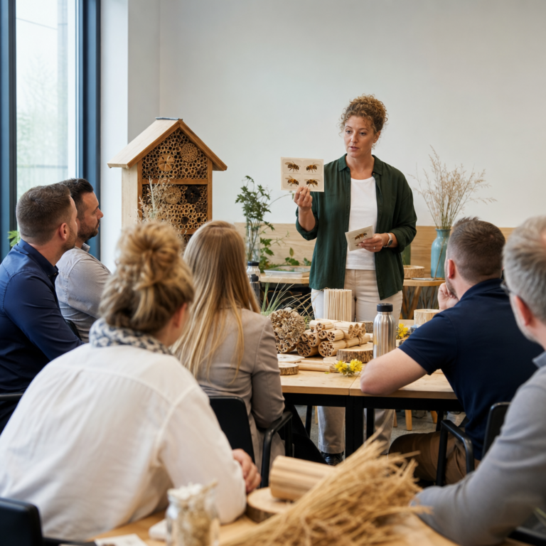 Facilitator teaching a corporate group about solitary bees