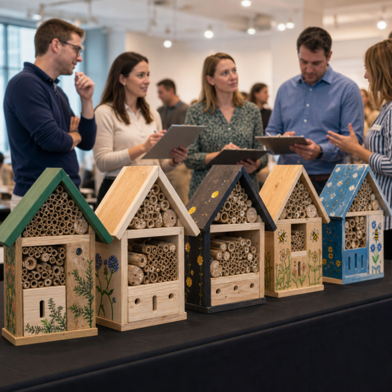 Finished bee hotels ready for judging at a corporate workshop