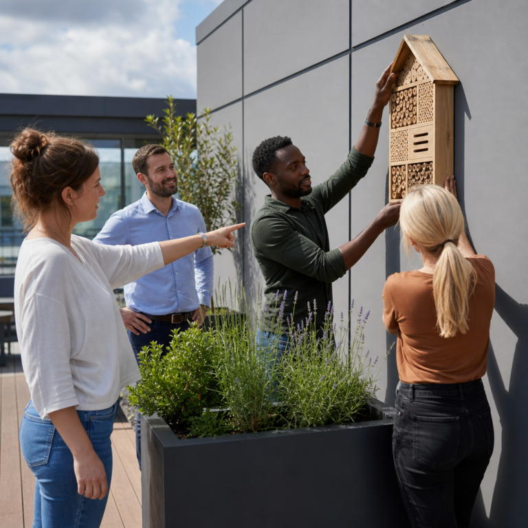 Corporate team installing a bee hotel on an office terrace