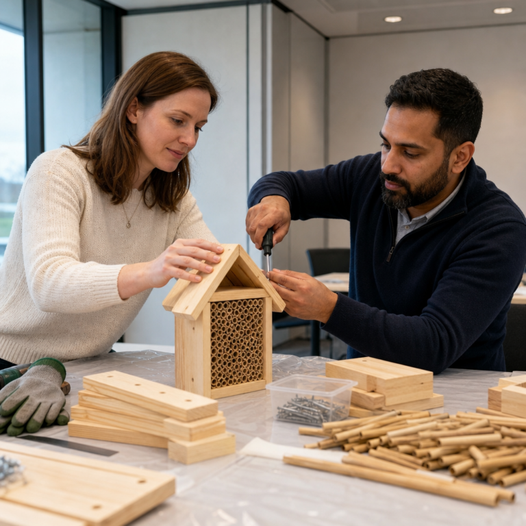 Colleagues assembling a wooden bee hotel frame at a workshop table