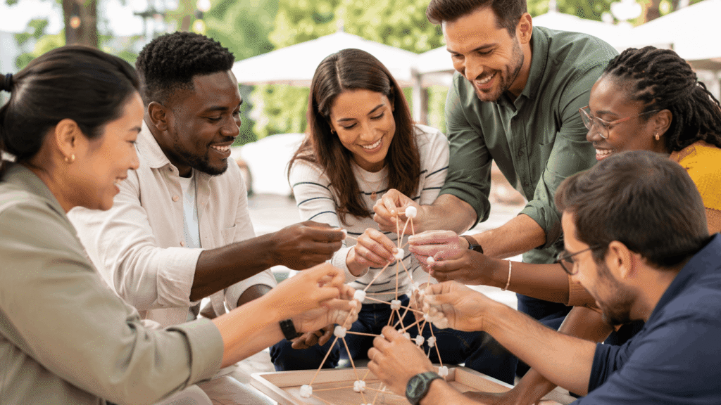 Corporate team working together on a hands-on team-building challenge, smiling and collaborating around a shared task.