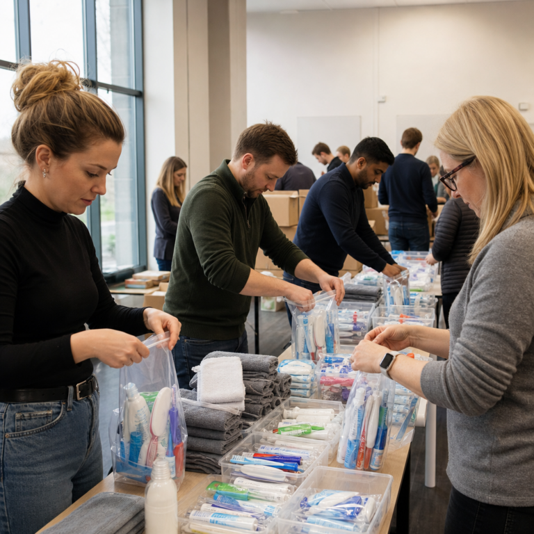 Employees packing hygiene kits at a CSR event