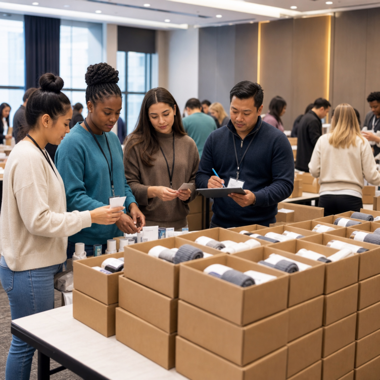 Quality checking completed care kits during a charity team event