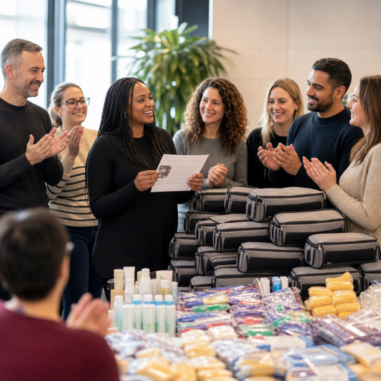 Team celebrating completed care kits ready for donation