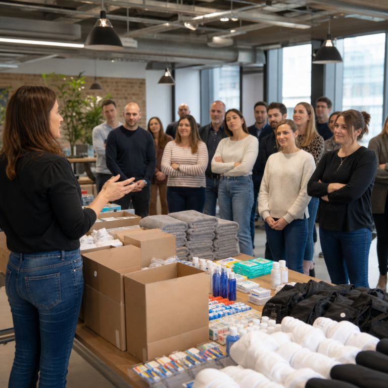 Team briefing before a care kit assembly CSR event