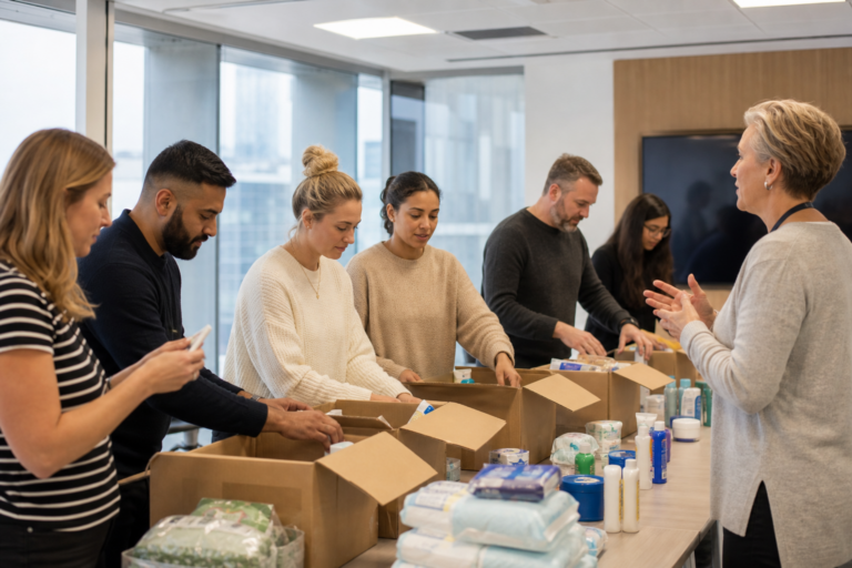 UK corporate team assembling care kits for charity at an indoor venue