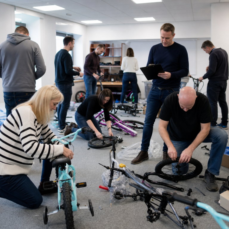 A corporate team working in roles during a bike build challenge