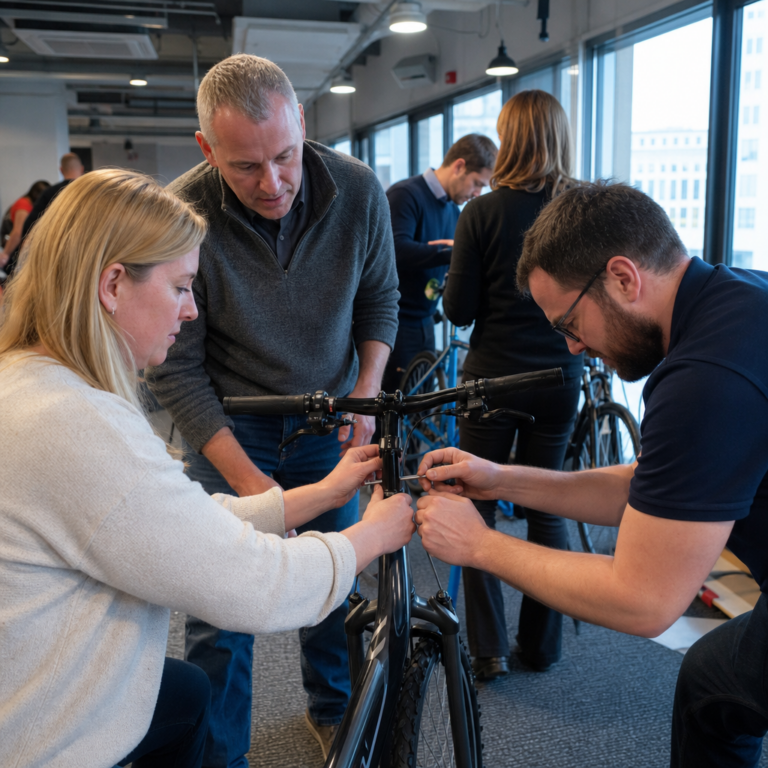 Team members assembling a bike together during the charity build