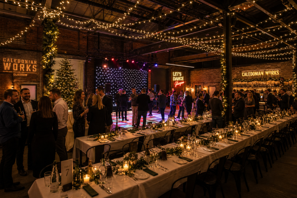 Warehouse venue in Glasgow decorated for a Christmas office party with long tables and dance floor