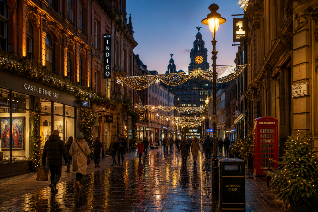 Liverpool city centre decorated for Christmas with festive lights and historic buildings