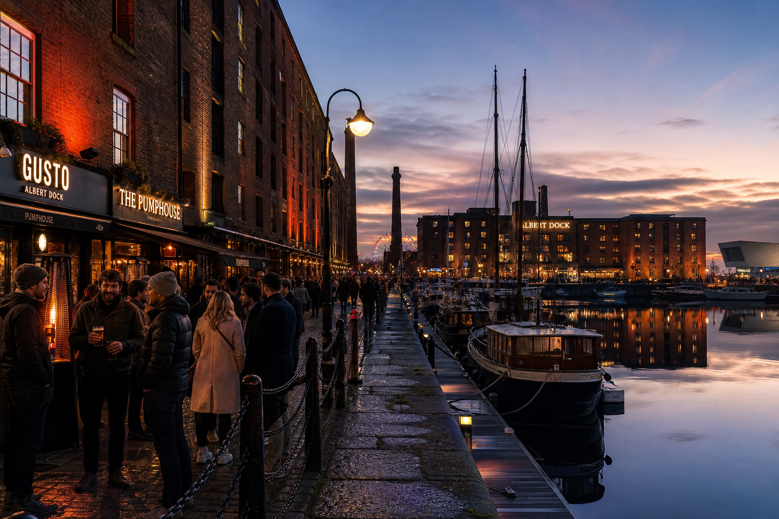 Albert Dock waterfront at Christmas with restaurants and bars lit in the evening