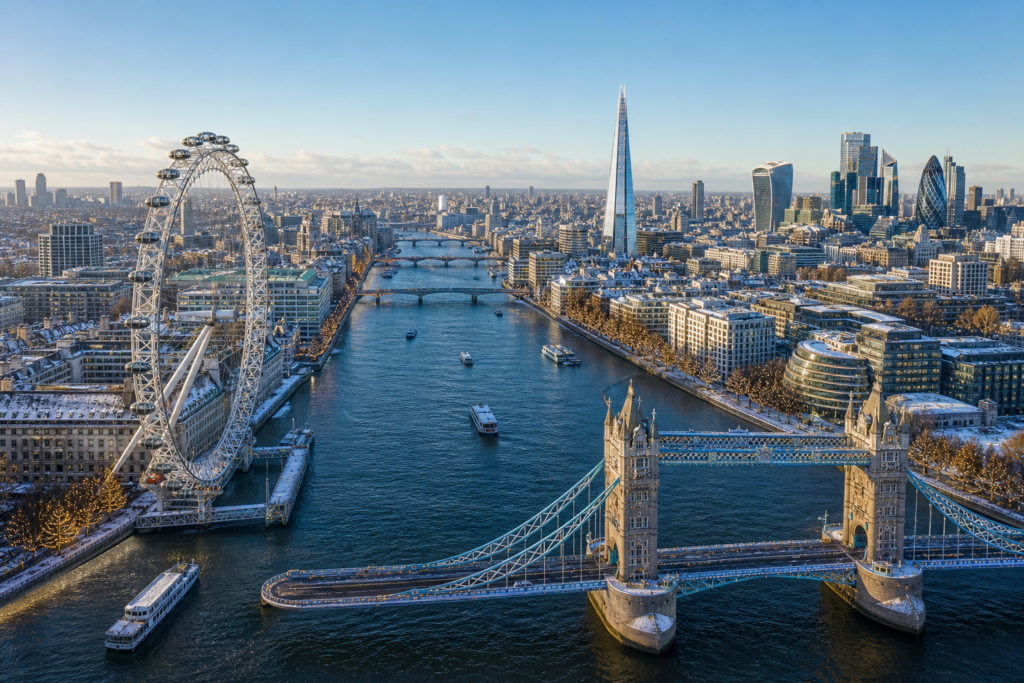 Aerial view of London landmarks including the London Eye and Tower Bridge during the festive season