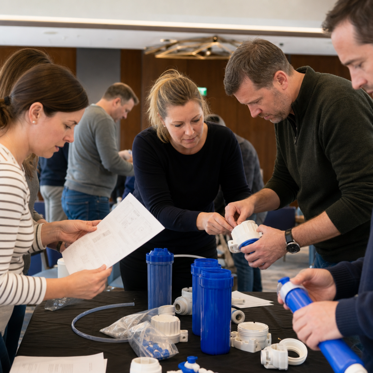 Colleagues assembling a clean water filter kit together