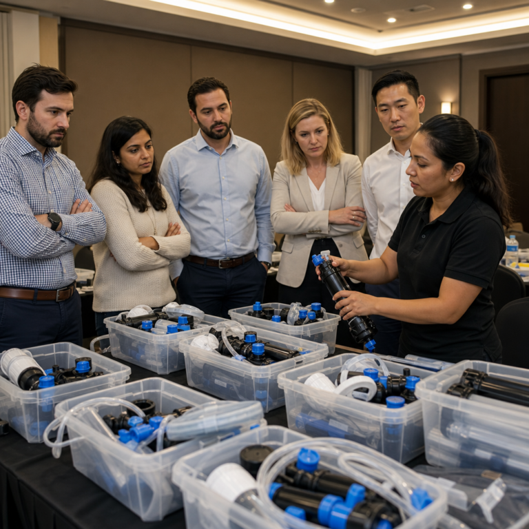 Facilitator quality checking completed water filter kits