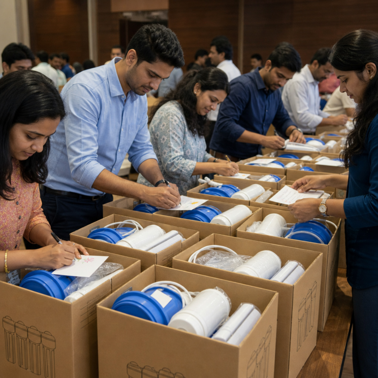 Team adding message cards to packed clean water filter donation kits