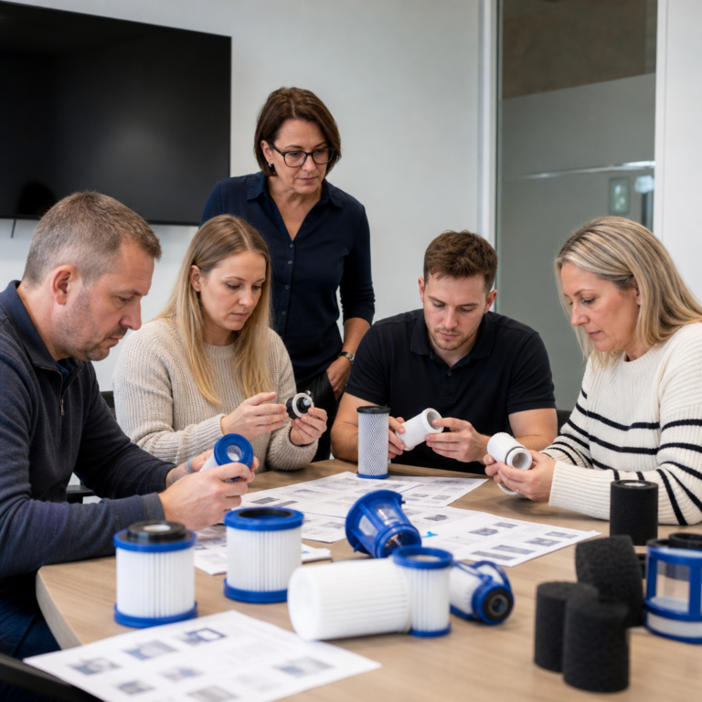 Small team sorting water filter parts before assembly