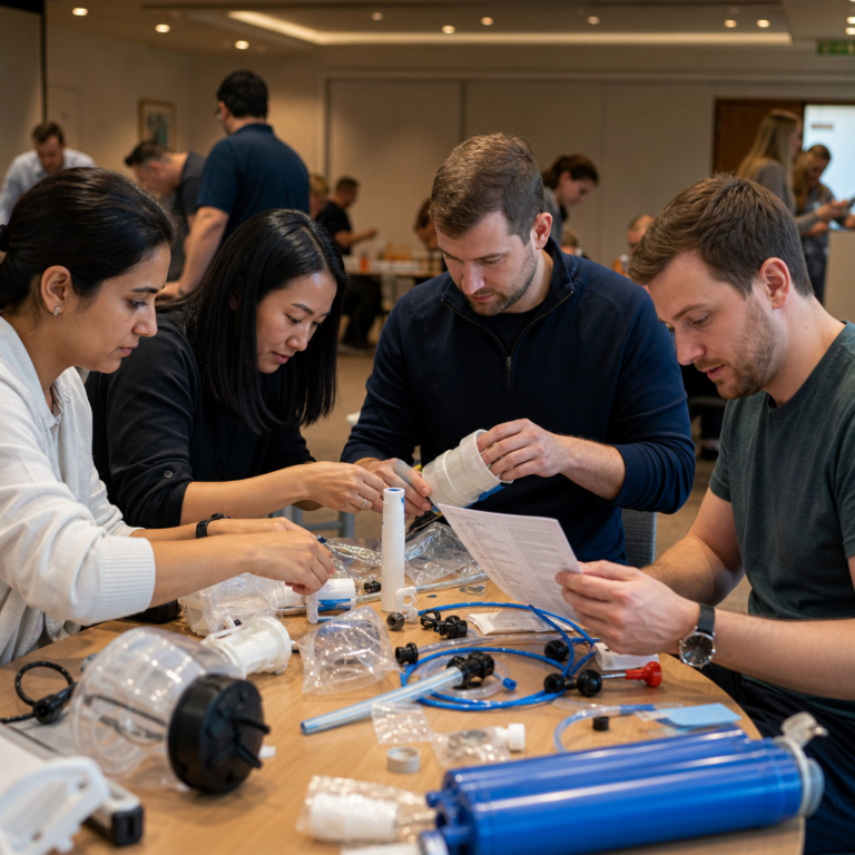 Colleagues assembling a clean water filter kit together