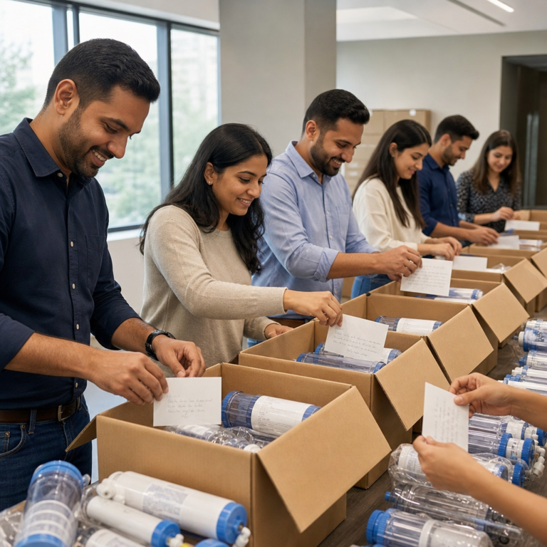 Team adding message cards to packed clean water filter donation kits