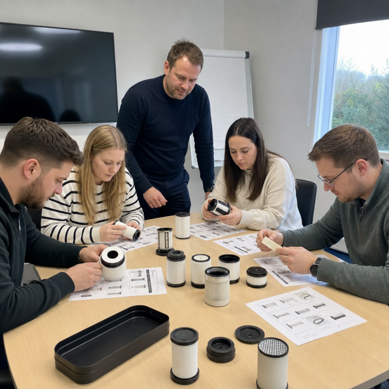 Small team sorting water filter parts before assembly