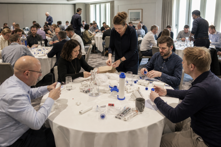 Corporate team assembling clean water filter kits during a CSR team building event