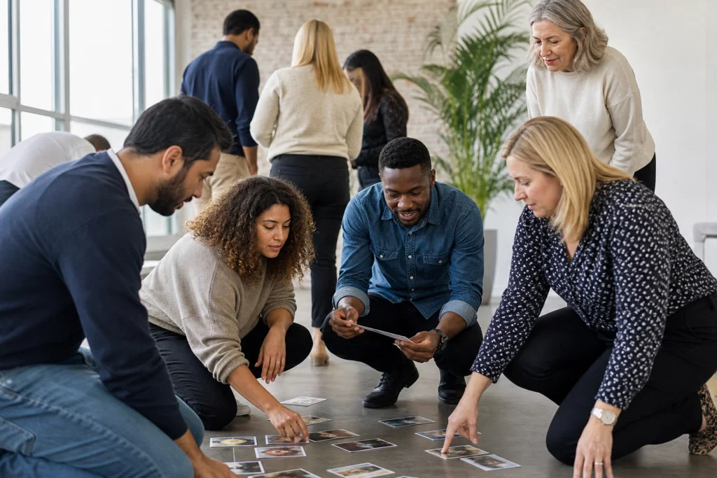 Colleagues collaborating during a communication team building activity