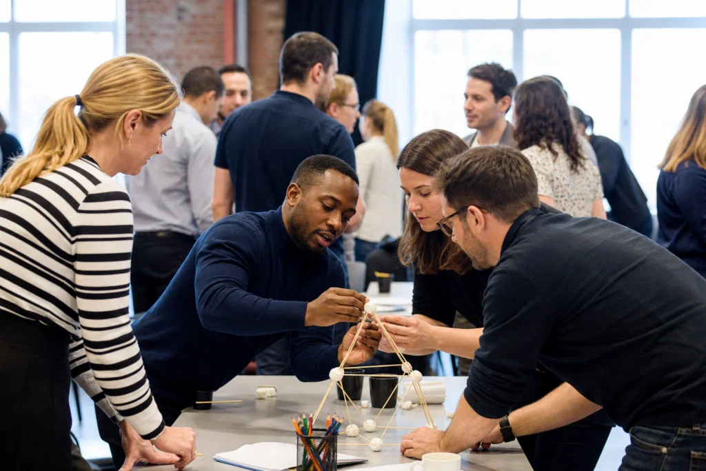 Colleagues collaborating during a corporate team building activity