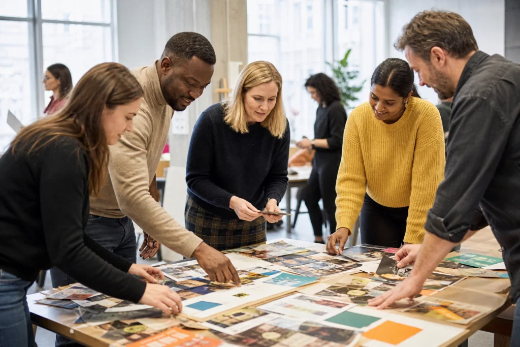Colleagues collaborating during a creative team building event