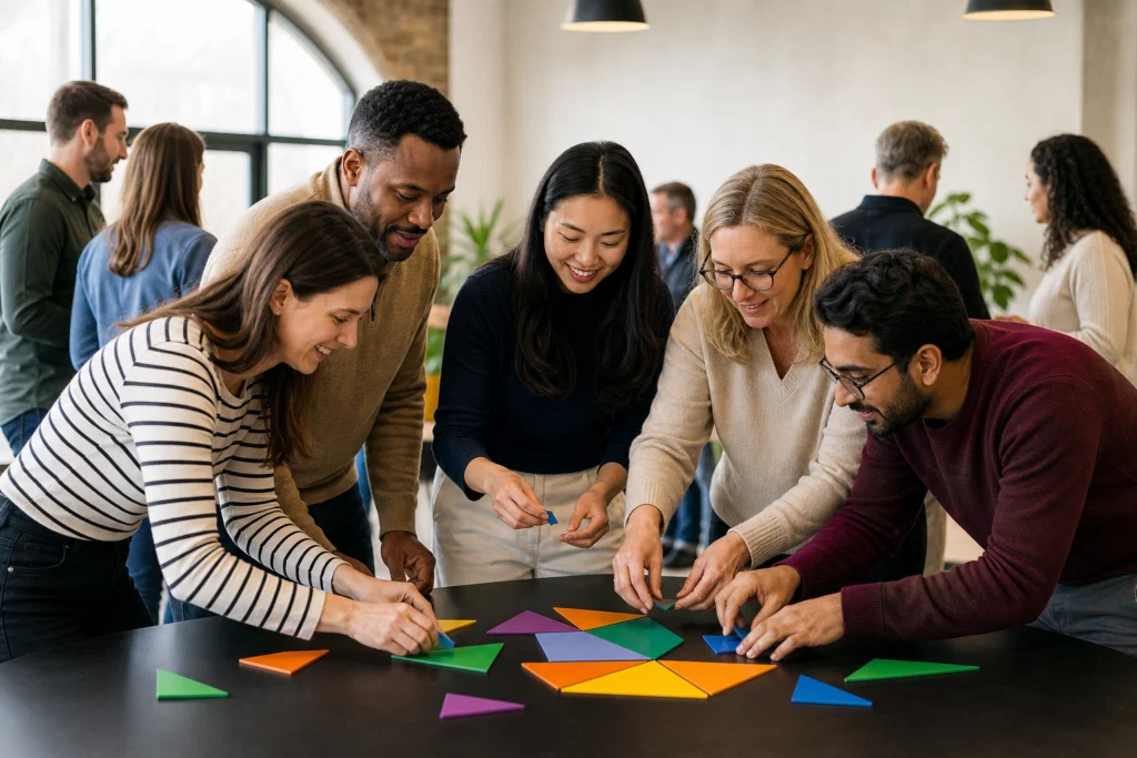 Colleagues collaborating during a low-cost workplace team building activity
