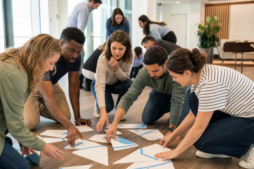 Colleagues collaborating during a UK corporate team building event.