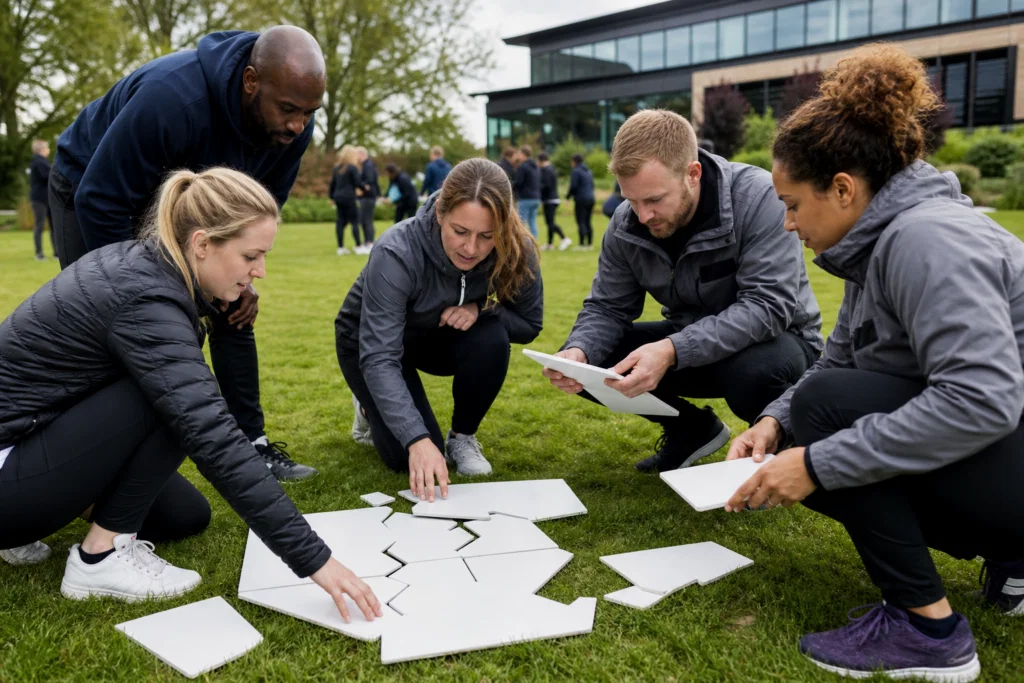 Colleagues collaborating during an outdoor corporate away day activity