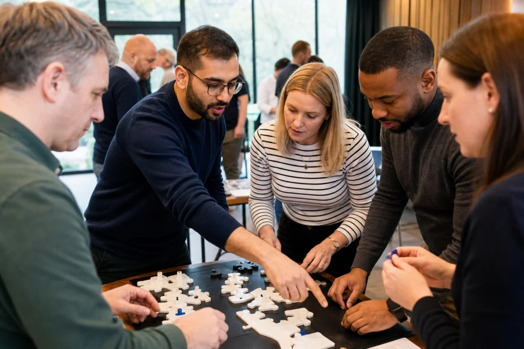 Colleagues collaborating on an indoor problem-solving team building challenge