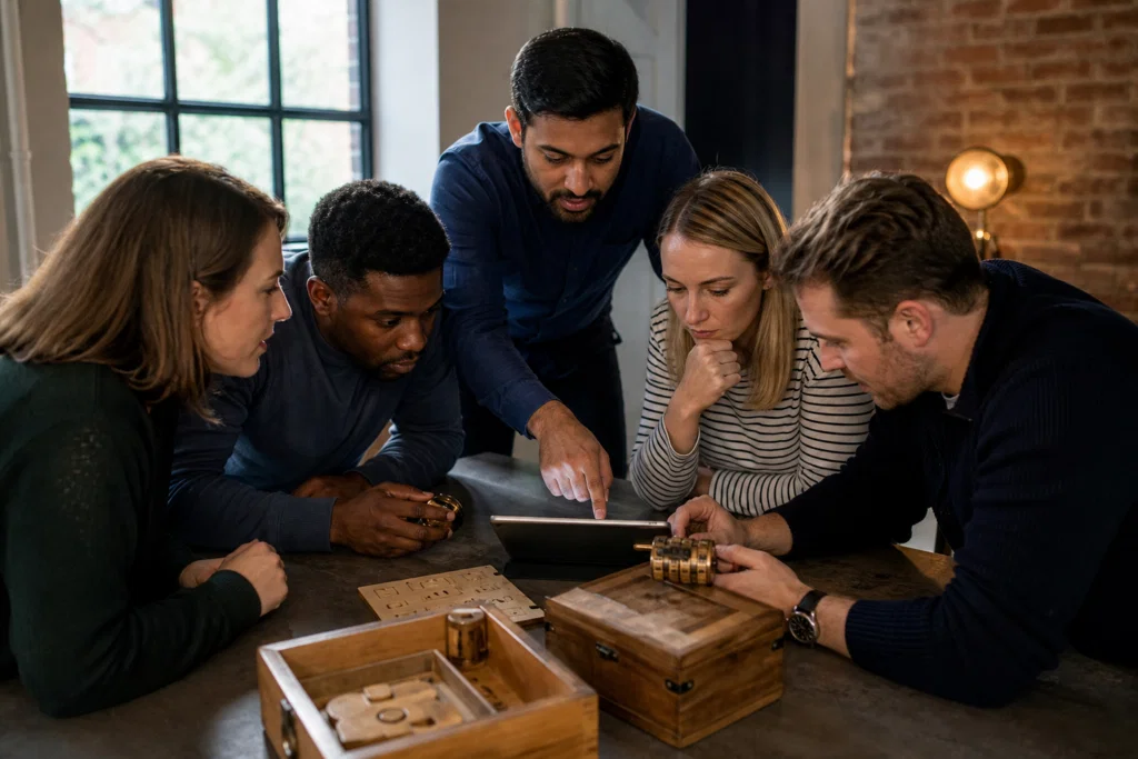 Colleagues collaborating on an indoor team building puzzle challenge