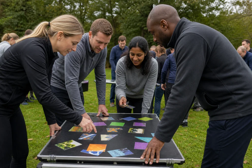 Colleagues collaborating on an outdoor problem-solving team building activity
