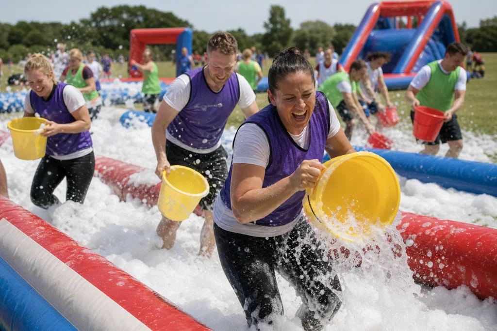 Colleagues competing in a foam and water relay during an It's a Knockout team building day
