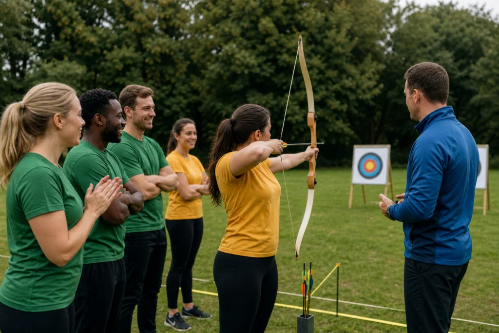 Colleagues competing in an archery activity during a corporate sports day
