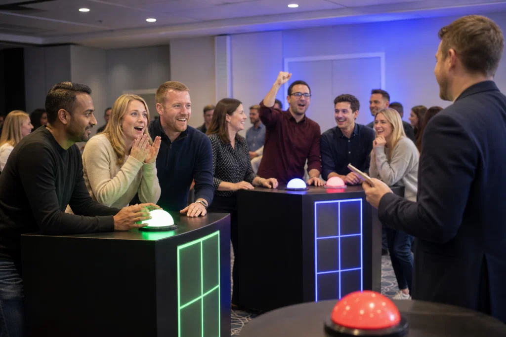 Colleagues competing in an indoor gameshow team building activity