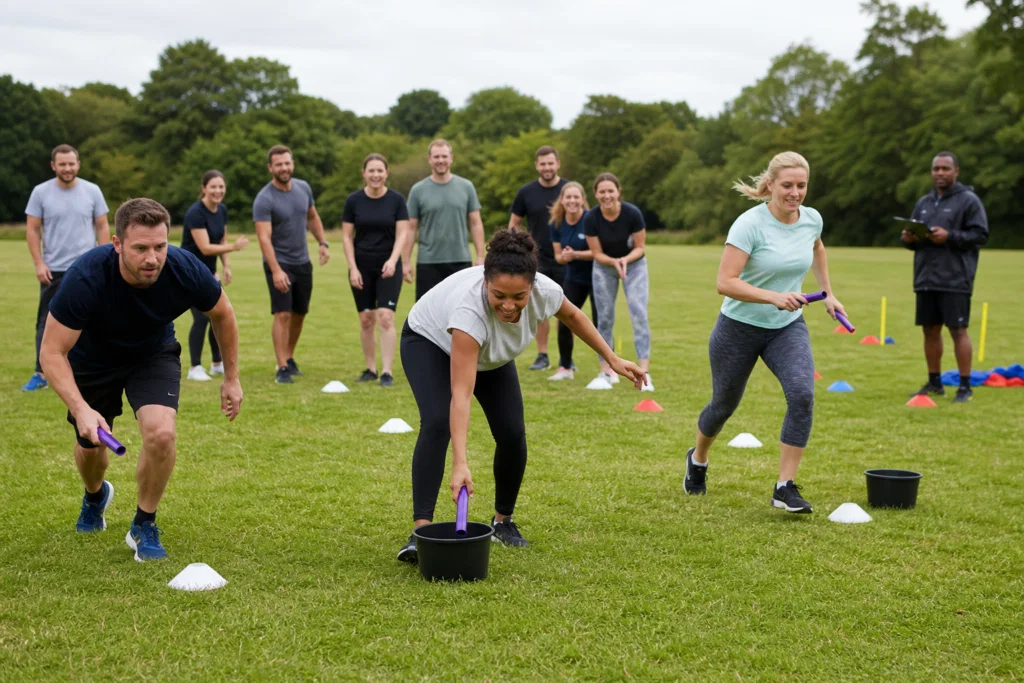 Colleagues competing in an outdoor corporate sports day team challenge