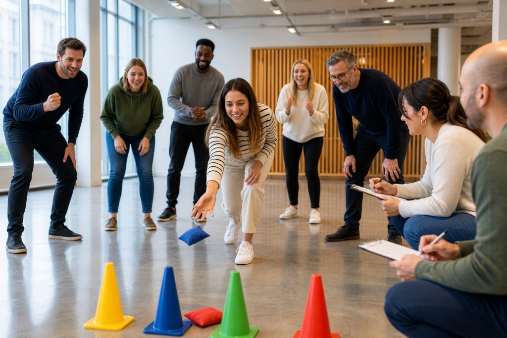 Colleagues competing in office Olympics games at a corporate team event