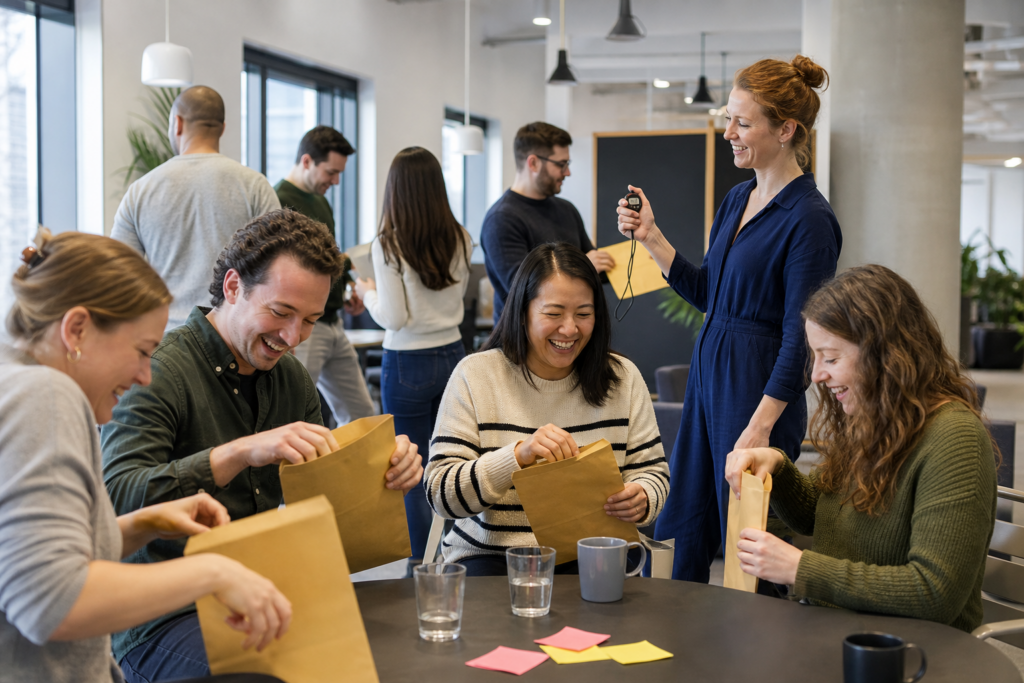 Colleagues competing in taskmaster-style office games during a team event