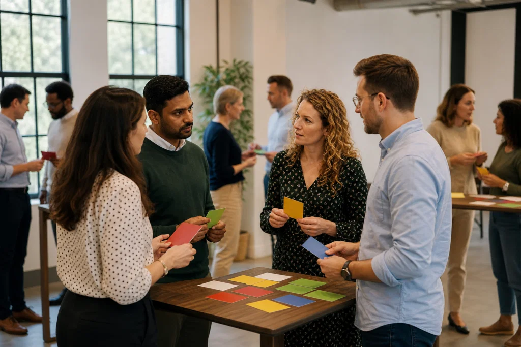 Colleagues discussing Insights Discovery colour preferences during a corporate away day