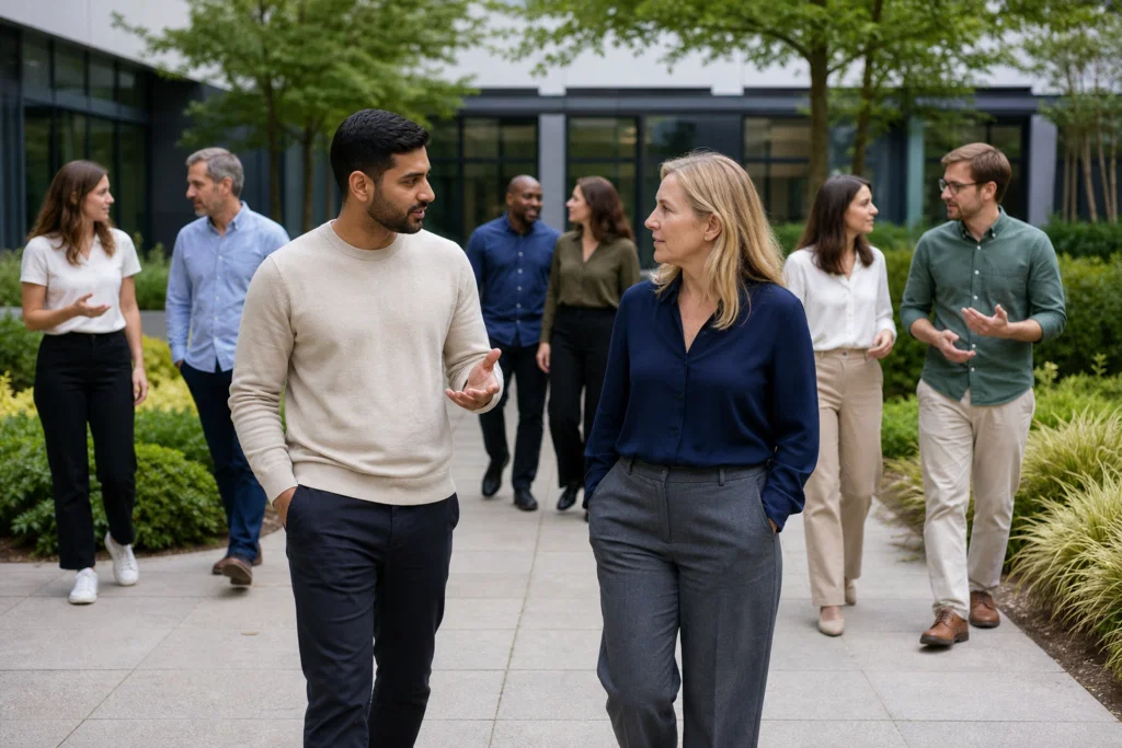 Colleagues doing a walk and talk team building activity outdoors