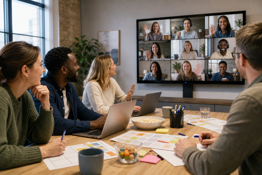 Colleagues enjoying Zoom games during a remote work social
