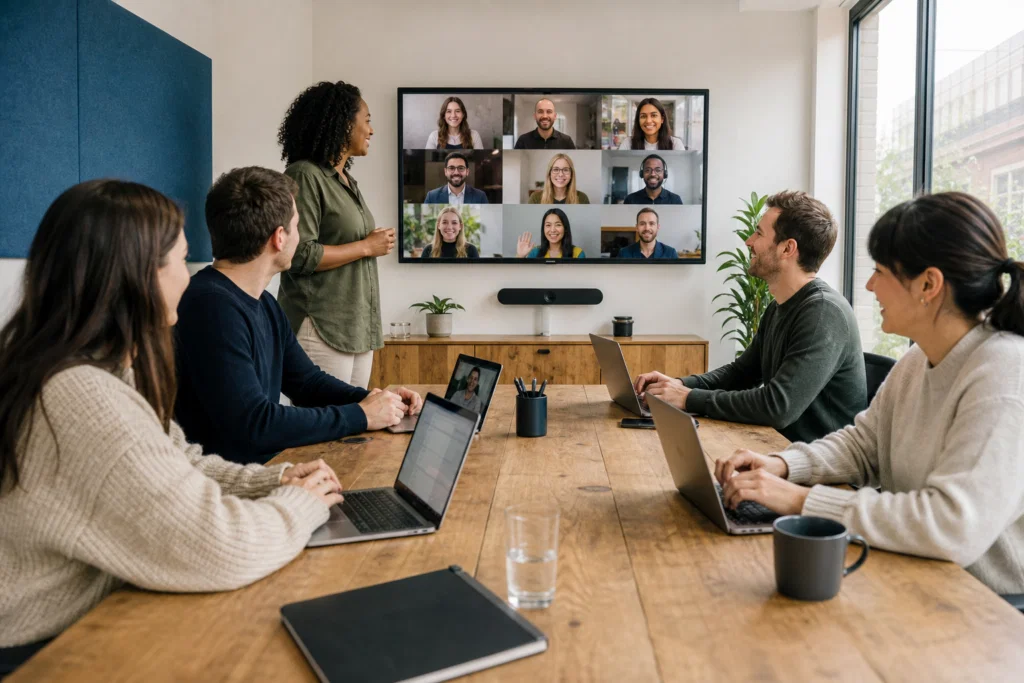Colleagues joining a short virtual team building activity from an office meeting room